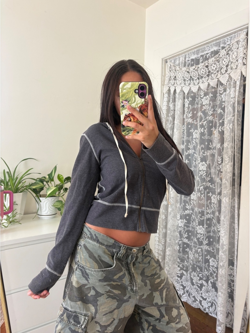 2000s Dark Gray Zip-Up Hoodie with White Drawstrings, Size Small